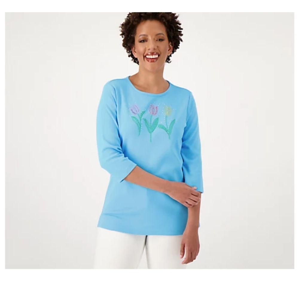 QVC Quacker Factory Garden Party 3/4 Sleeve Top Size 3X French Blue/Tulip